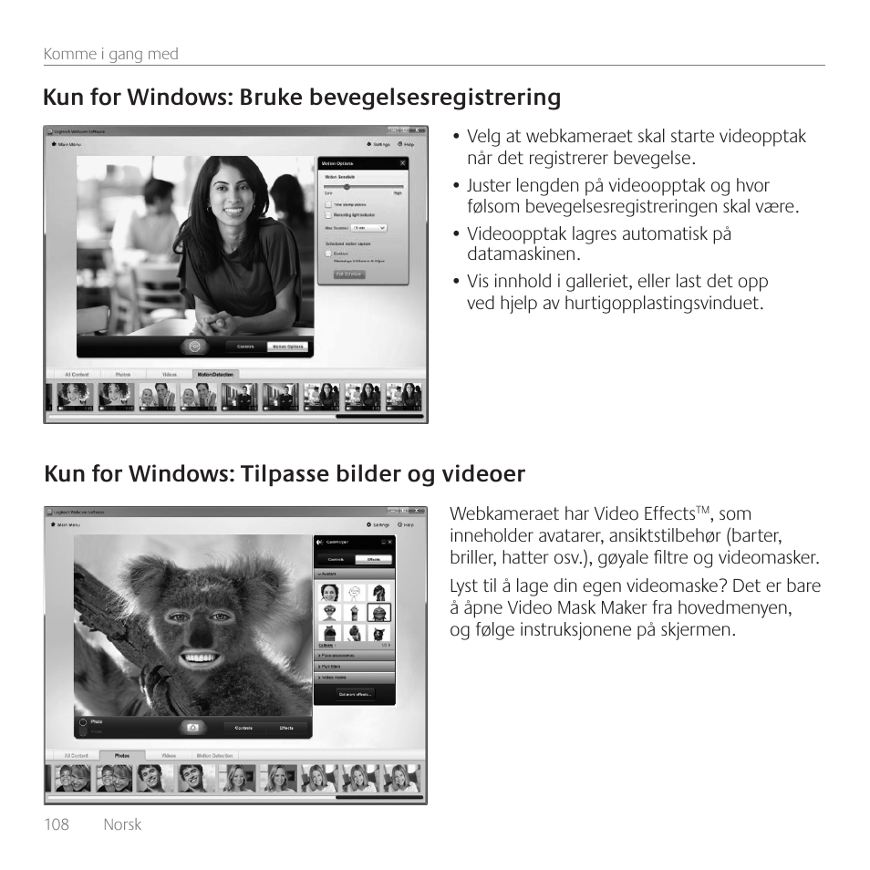 Kun for windows: bruke bevegelsesregistrering, Kun for windows: tilpasse bilder og videoer | Logitech C615 User Manual | Page 108 / 172