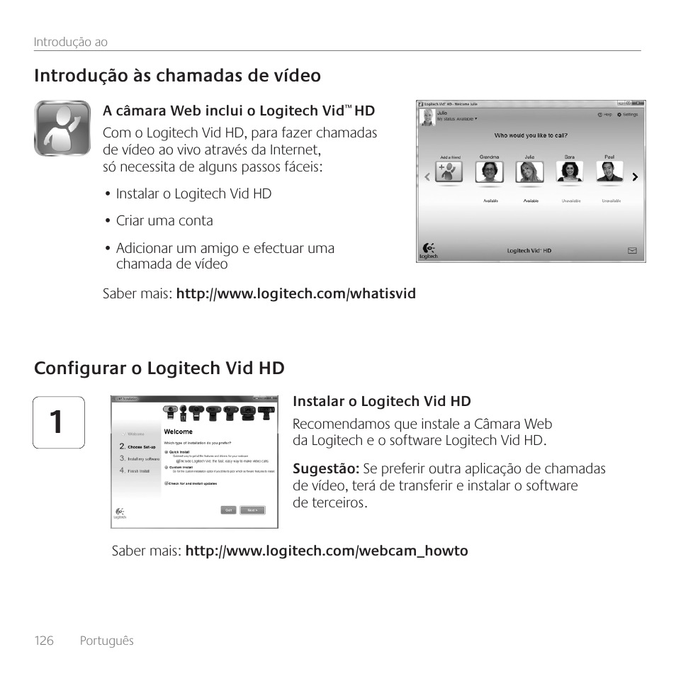 Configurar o logitech vid hd, Introdução às chamadas de vídeo | Logitech C615 User Manual | Page 126 / 172