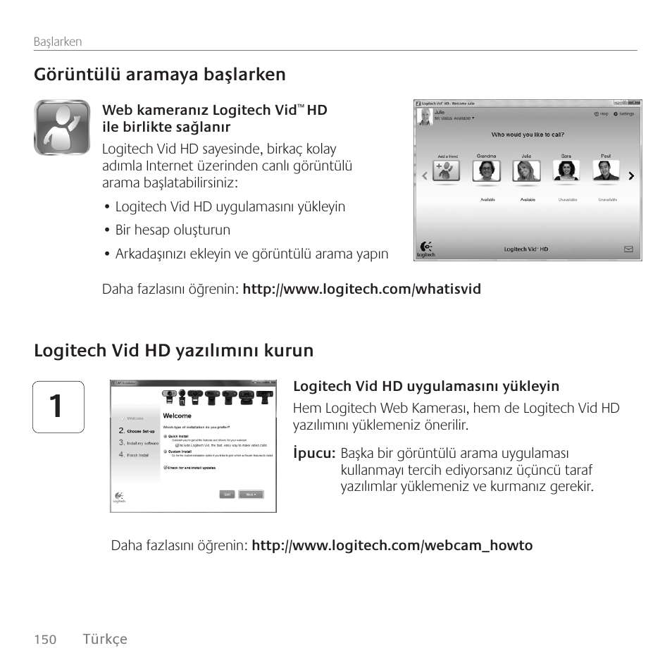 Logitech vid hd yazılımını kurun, Görüntülü aramaya başlarken | Logitech C615 User Manual | Page 150 / 172
