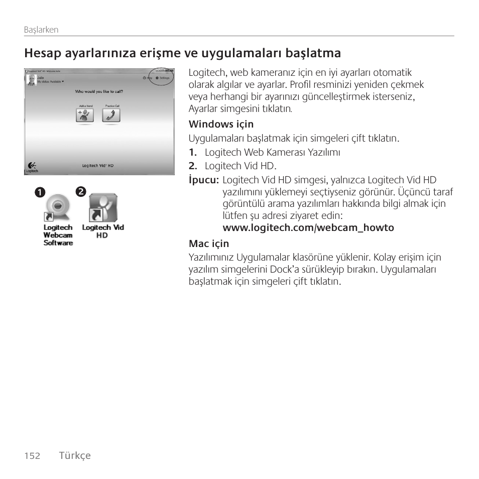 Hesap ayarlarınıza erişme ve uygulamaları başlatma | Logitech C615 User Manual | Page 152 / 172