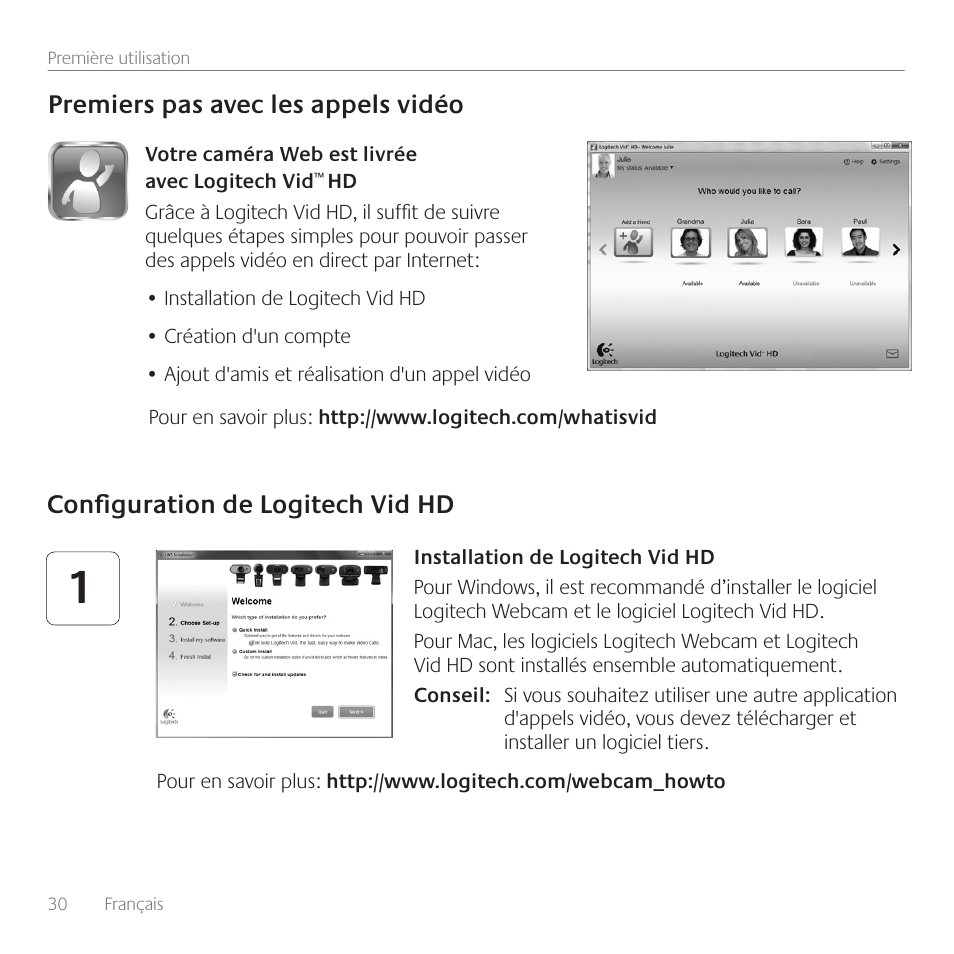 Premiers pas avec les appels vidéo, Configuration de logitech vid hd | Logitech C615 User Manual | Page 30 / 172