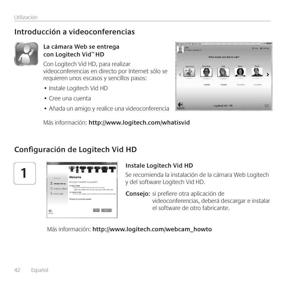 Configuración de logitech vid hd, Introducción a videoconferencias | Logitech C615 User Manual | Page 42 / 172