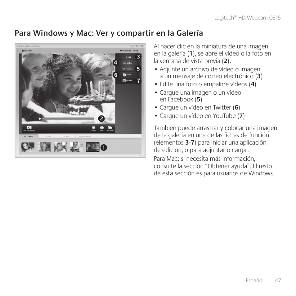 Para windows y mac: ver y compartir en la galería | Logitech C615 User Manual | Page 47 / 172