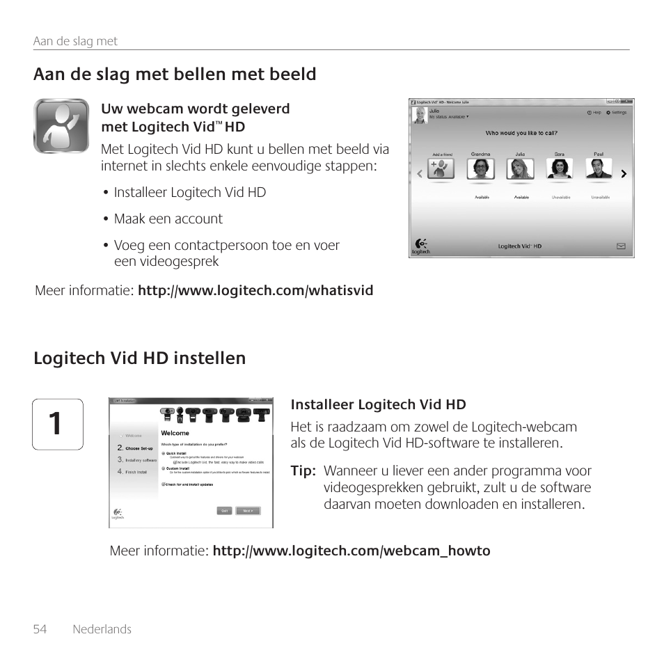 Logitech vid hd instellen, Aan de slag met bellen met beeld | Logitech C615 User Manual | Page 54 / 172