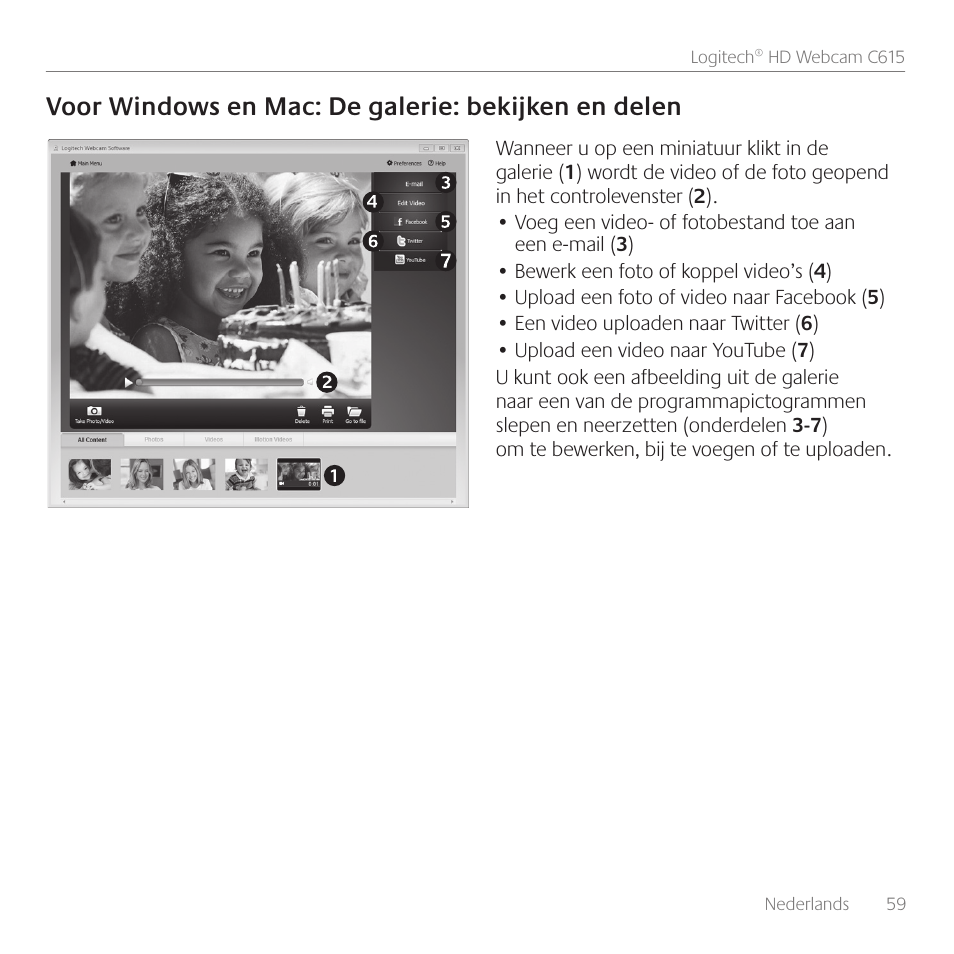 Voor windows en mac: de galerie: bekijken en delen | Logitech C615 User Manual | Page 59 / 172