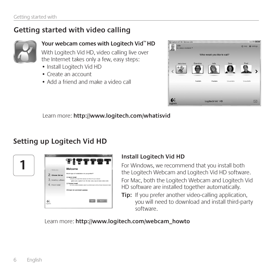 Getting started with video calling, Setting up logitech vid hd | Logitech C615 User Manual | Page 6 / 172
