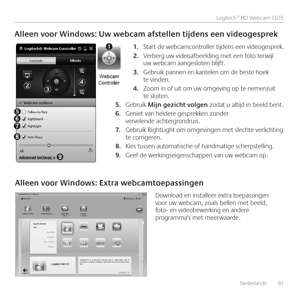 Alleen voor windows: extra webcamtoepassingen | Logitech C615 User Manual | Page 61 / 172