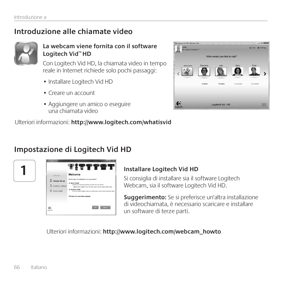 Impostazione di logitech vid hd, Introduzione alle chiamate video | Logitech C615 User Manual | Page 66 / 172