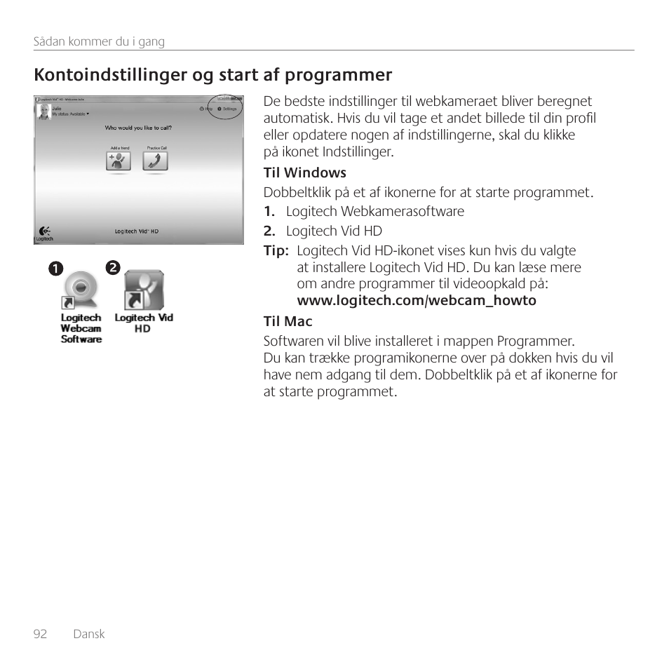 Kontoindstillinger og start af programmer | Logitech C615 User Manual | Page 92 / 172