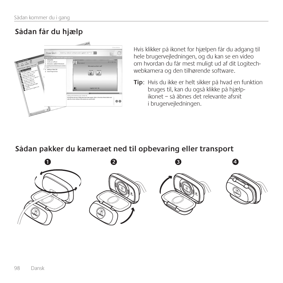 Sådan får du hjælp | Logitech C615 User Manual | Page 98 / 172