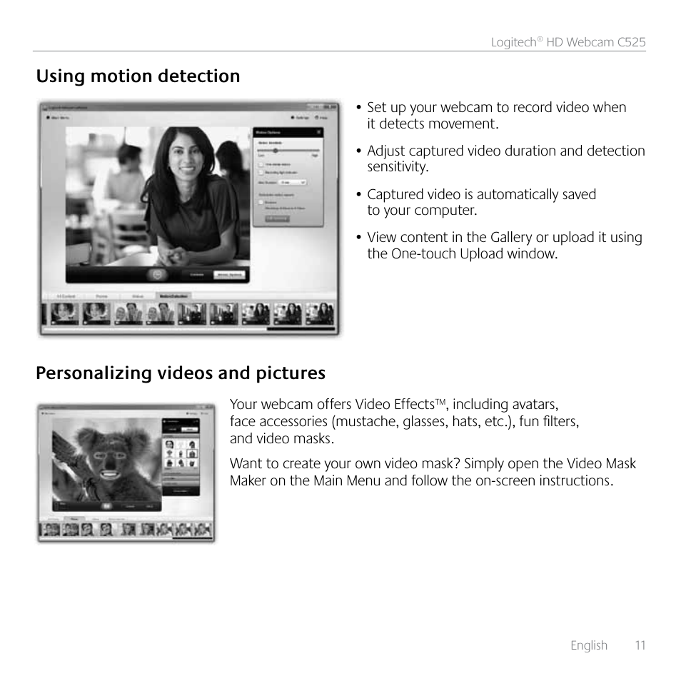 Using motion detection, Personalizing videos and pictures | Logitech HD C525 User Manual | Page 11 / 48