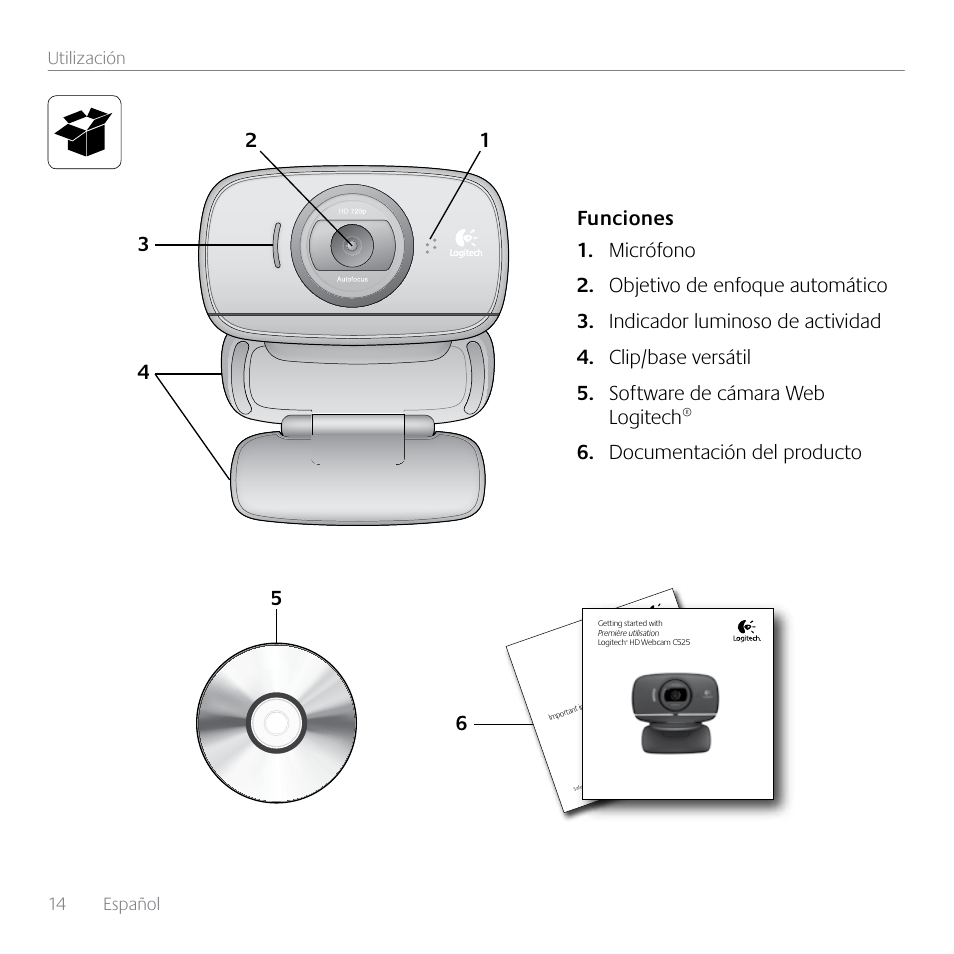 14 español utilización | Logitech HD C525 User Manual | Page 14 / 48