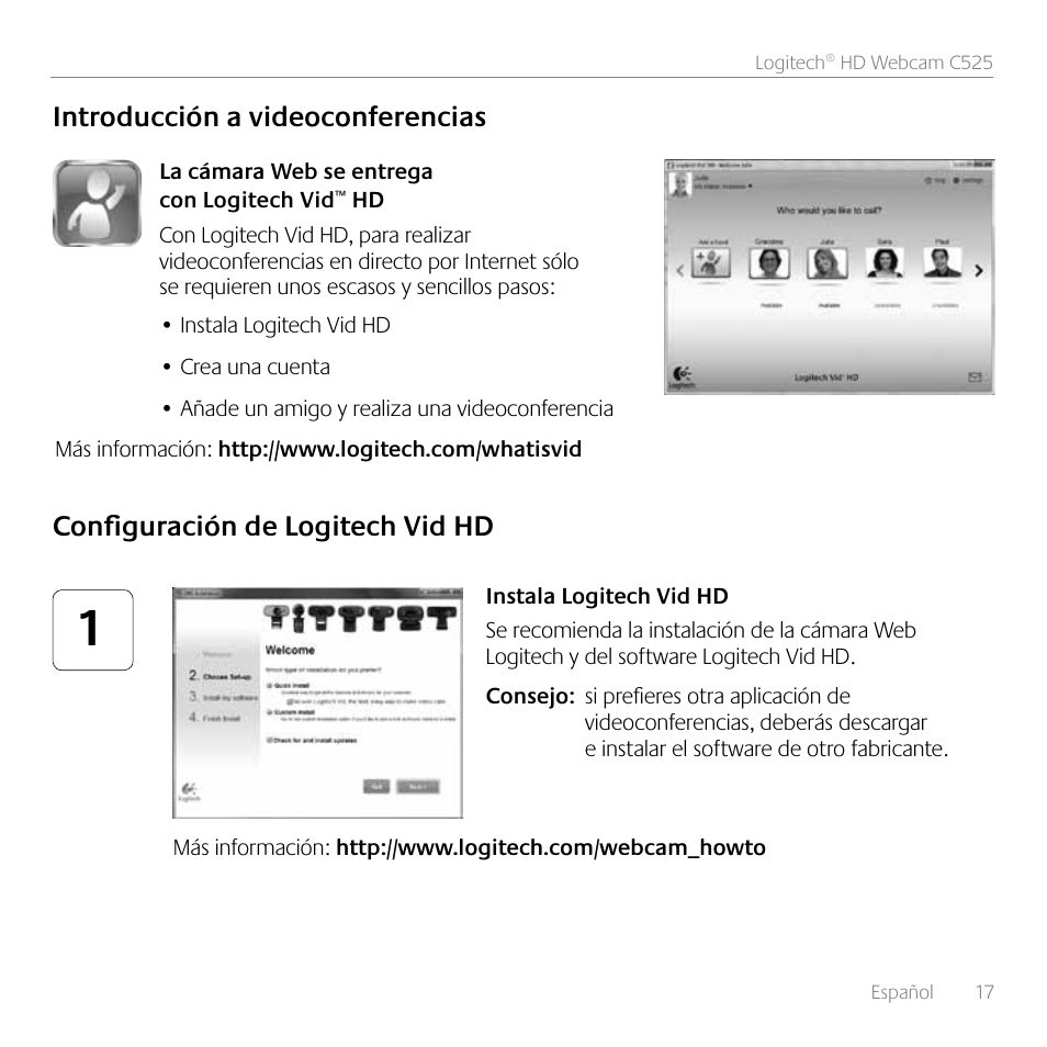 Configuración de logitech vid hd, Introducción a videoconferencias | Logitech HD C525 User Manual | Page 17 / 48