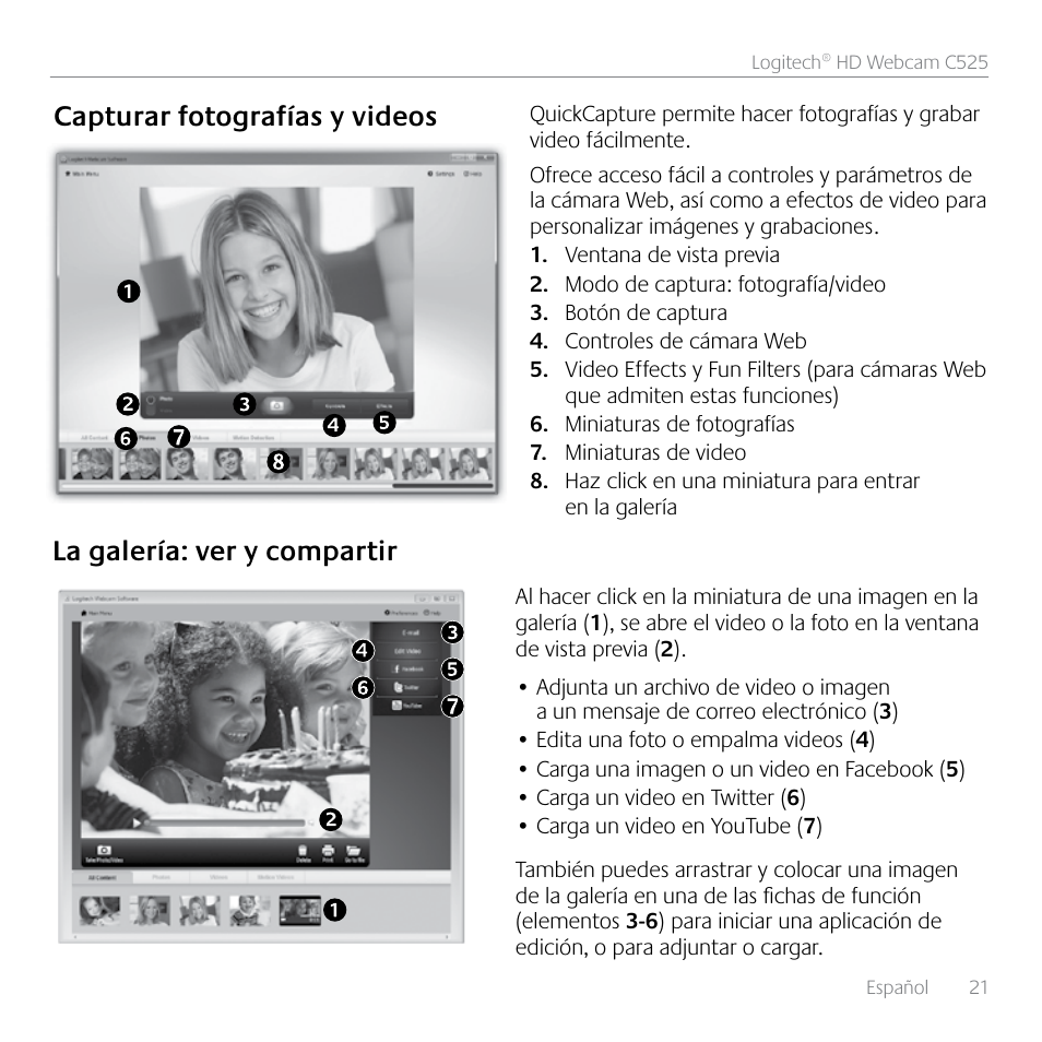 Capturar fotografías y videos, La galería: ver y compartir | Logitech HD C525 User Manual | Page 21 / 48