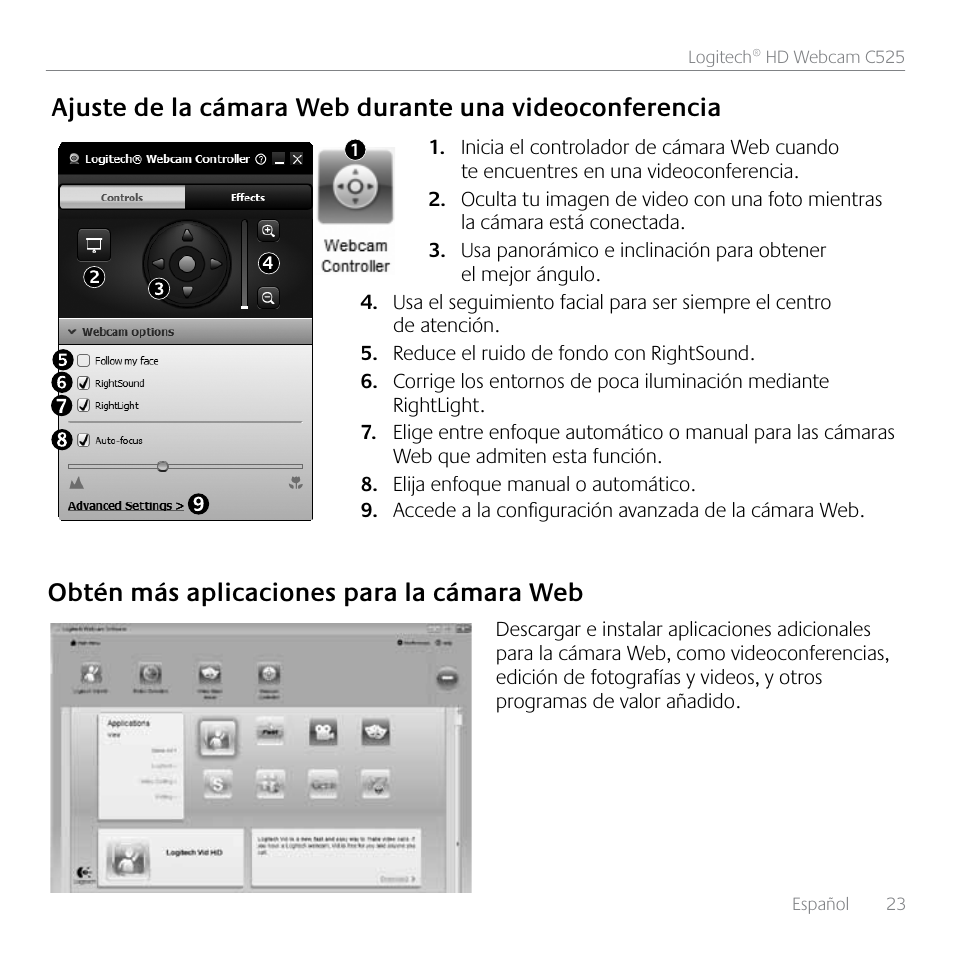 Obtén más aplicaciones para la cámara web | Logitech HD C525 User Manual | Page 23 / 48