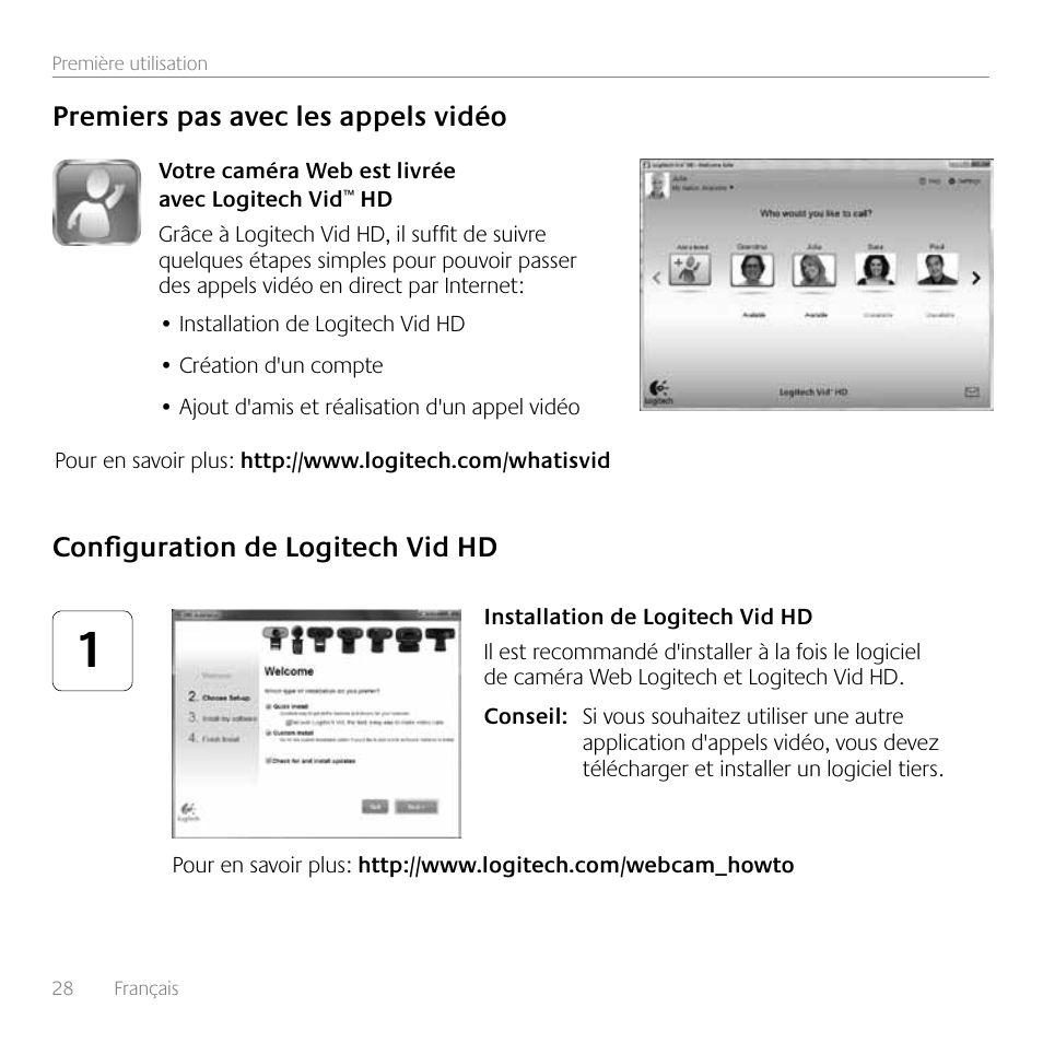 Configuration de logitech vid hd, Premiers pas avec les appels vidéo | Logitech HD C525 User Manual | Page 28 / 48