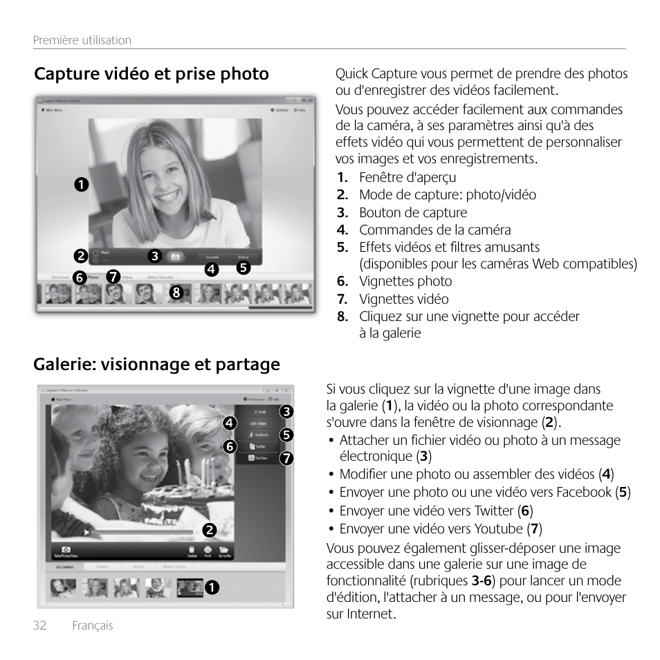 Capture vidéo et prise photo, Galerie: visionnage et partage | Logitech HD C525 User Manual | Page 32 / 48