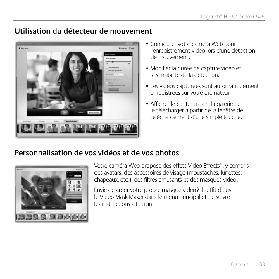 Utilisation du détecteur de mouvement, Personnalisation de vos vidéos et de vos photos | Logitech HD C525 User Manual | Page 33 / 48