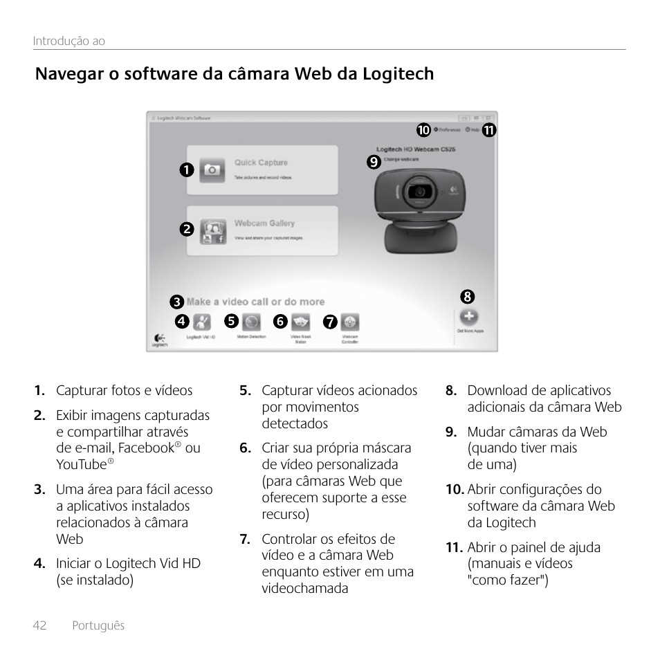 Navegar o software da câmara web da logitech | Logitech HD C525 User Manual | Page 42 / 48