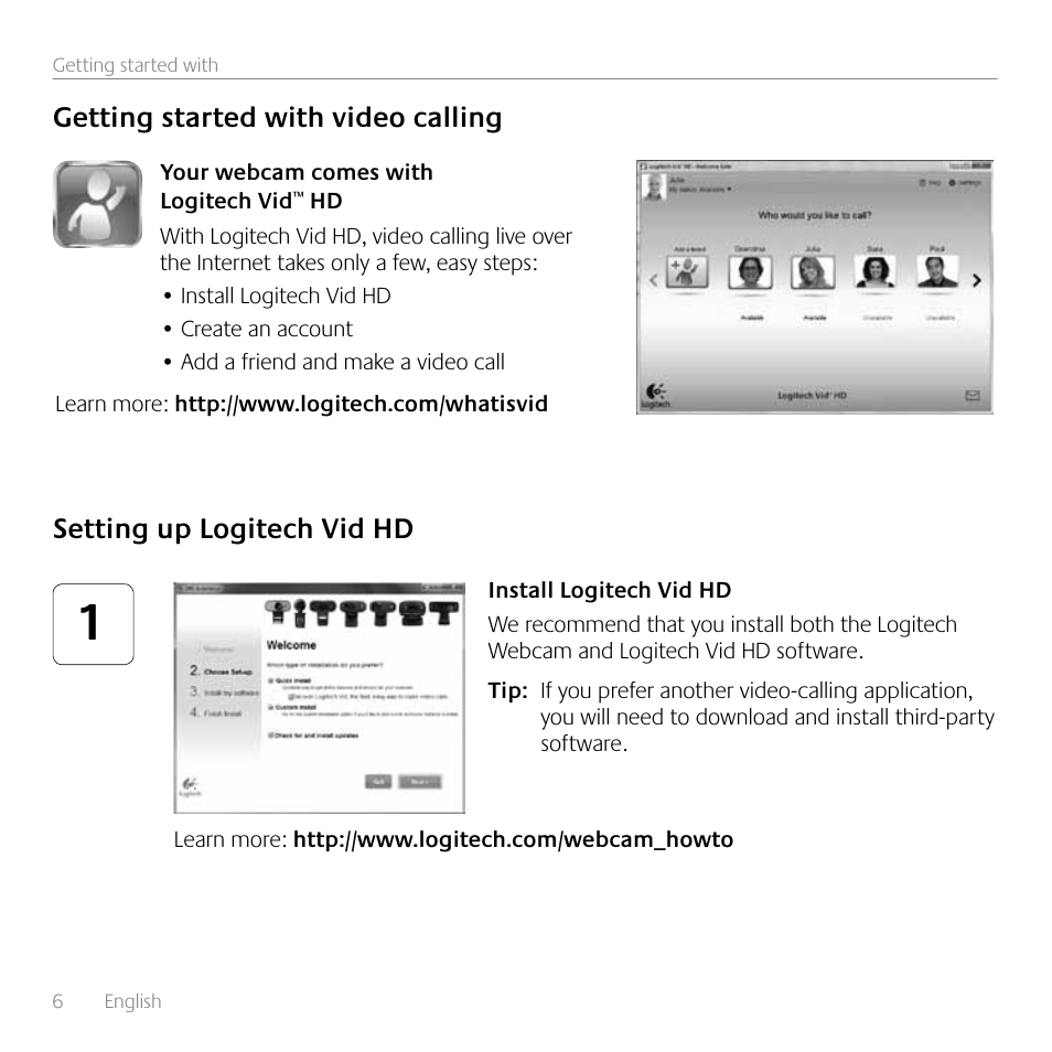 Setting up logitech vid hd, Getting started with video calling | Logitech HD C525 User Manual | Page 6 / 48