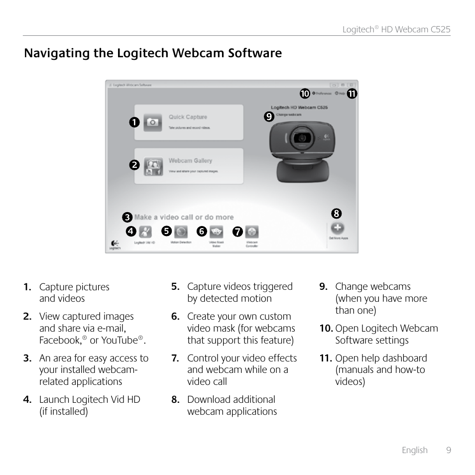 Navigating the logitech webcam software | Logitech HD C525 User Manual | Page 9 / 48
