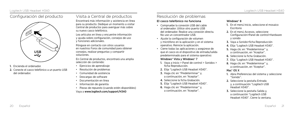 Resolución de problemas, Configuración del producto, Visita a central de productos | Logitech H340 User Manual | Page 11 / 59