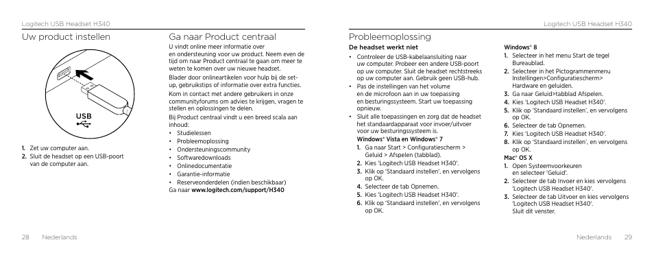 Probleemoplossing, Uw product instellen, Ga naar product centraal | Logitech H340 User Manual | Page 15 / 59