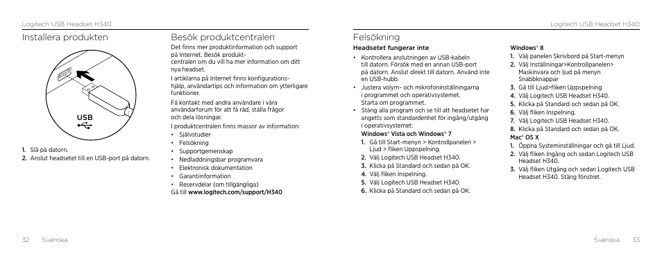 Felsökning, Installera produkten, Besök produktcentralen | Logitech H340 User Manual | Page 17 / 59