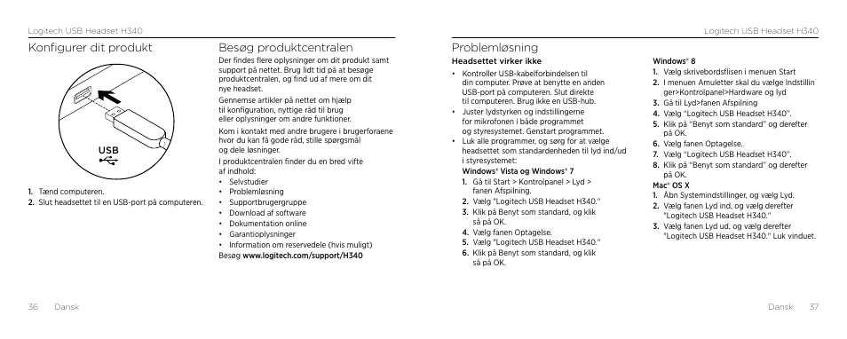 Problemløsning, Konfigurer dit produkt, Besøg produktcentralen | Logitech H340 User Manual | Page 19 / 59