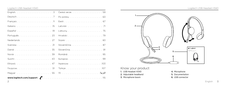 Know your product | Logitech H340 User Manual | Page 2 / 59