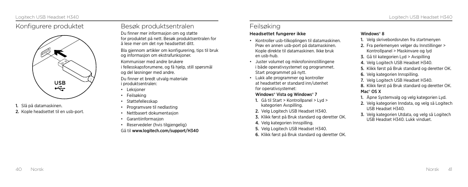 Feilsøking, Konfigurere produktet, Besøk produktsentralen | Logitech H340 User Manual | Page 21 / 59