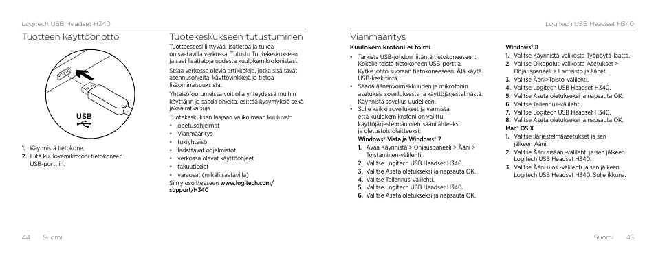 Vianmääritys, Tuotteen käyttöönotto, Tuotekeskukseen tutustuminen | Logitech H340 User Manual | Page 23 / 59
