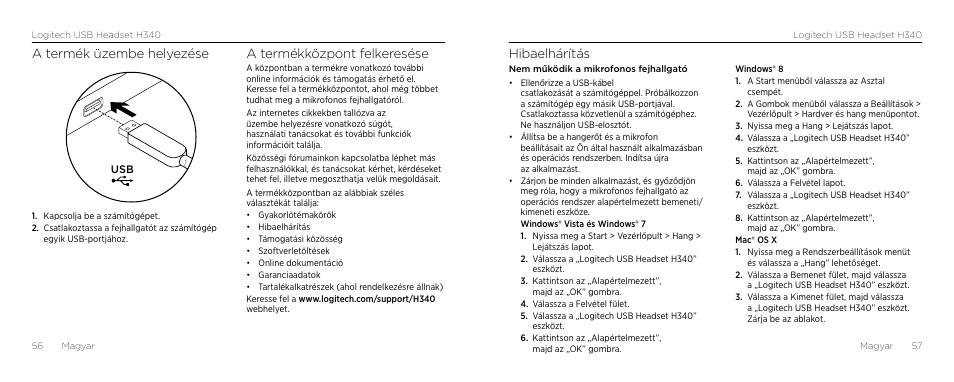 Hibaelhárítás, A termék üzembe helyezése, A termékközpont felkeresése | Logitech H340 User Manual | Page 29 / 59