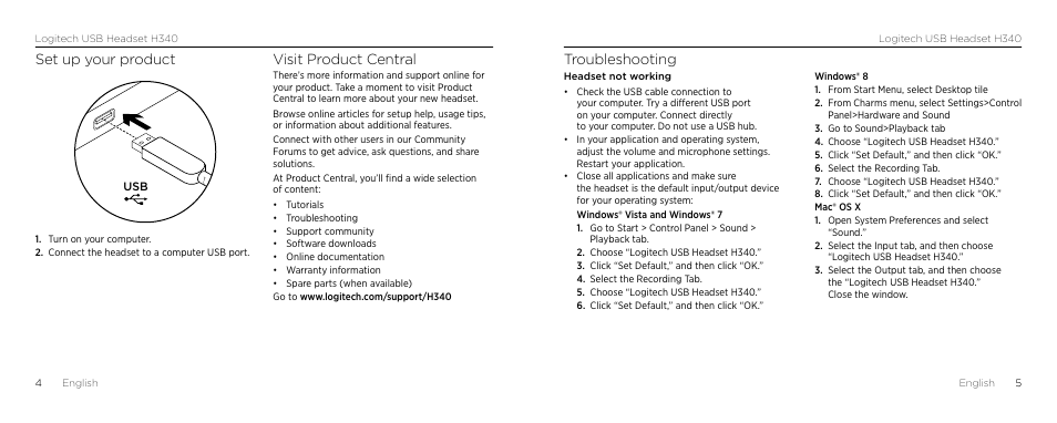 Troubleshooting, Set up your product, Visit product central | Logitech H340 User Manual | Page 3 / 59