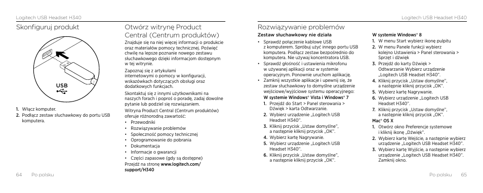 Rozwiązywanie problemów, Skonfiguruj produkt, Otwórz witrynę product central (centrum produktów) | Logitech H340 User Manual | Page 33 / 59