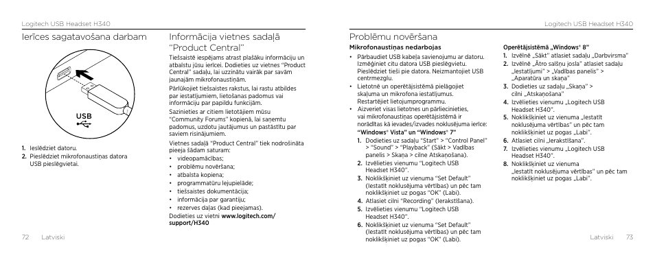 Problēmu novēršana, Ierīces sagatavošana darbam, Informācija vietnes sadaļā “product central | Logitech H340 User Manual | Page 37 / 59