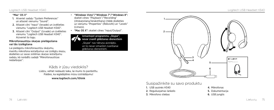 Susipažinkite su savo produktu, Kāds ir jūsu viedoklis | Logitech H340 User Manual | Page 38 / 59