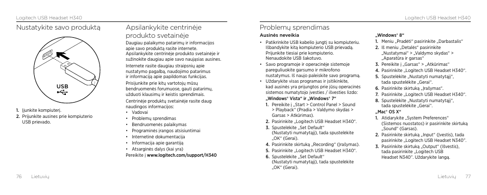 Problemų sprendimas, Nustatykite savo produktą, Apsilankykite centrinėje produkto svetainėje | Logitech H340 User Manual | Page 39 / 59