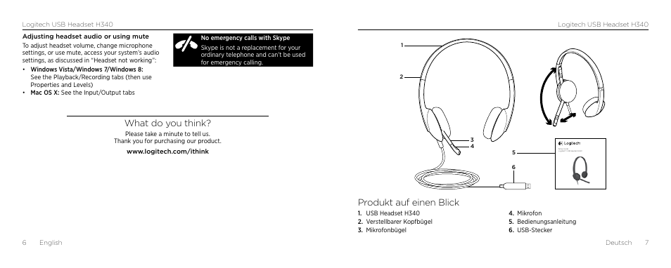 What do you think, Produkt auf einen blick | Logitech H340 User Manual | Page 4 / 59