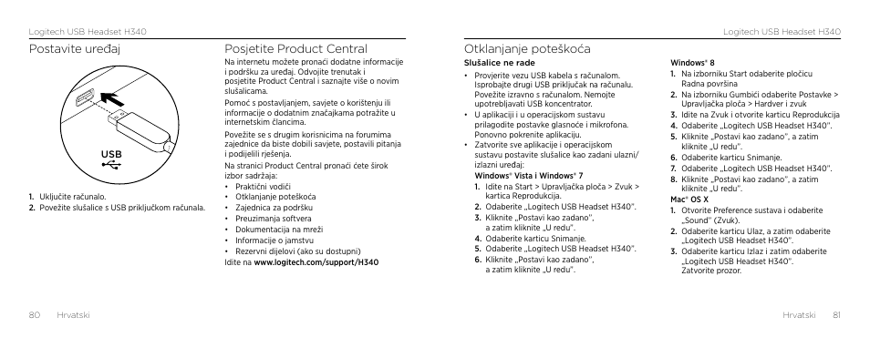 Otklanjanje poteškoća, Postavite uređaj, Posjetite product central | Logitech H340 User Manual | Page 41 / 59