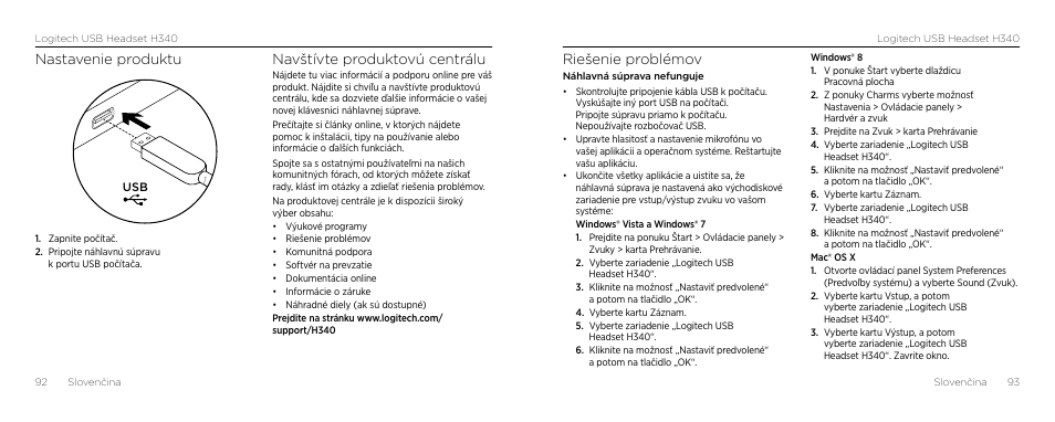 Riešenie problémov, Nastavenie produktu, Navštívte produktovú centrálu | Logitech H340 User Manual | Page 47 / 59