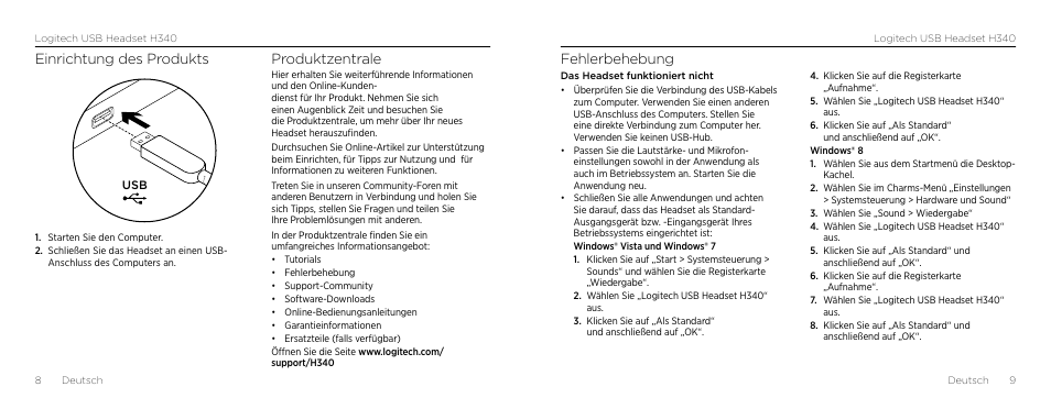 Fehlerbehebung, Einrichtung des produkts, Produktzentrale | Logitech H340 User Manual | Page 5 / 59