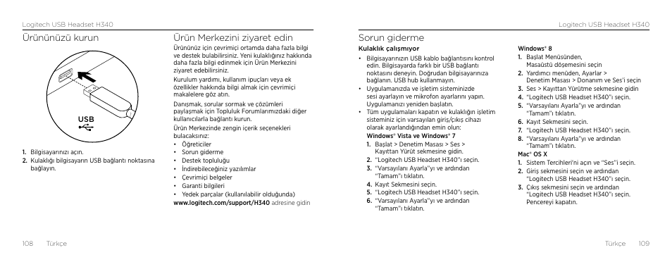 Sorun giderme, Ürününüzü kurun, Ürün merkezini ziyaret edin | Logitech H340 User Manual | Page 55 / 59