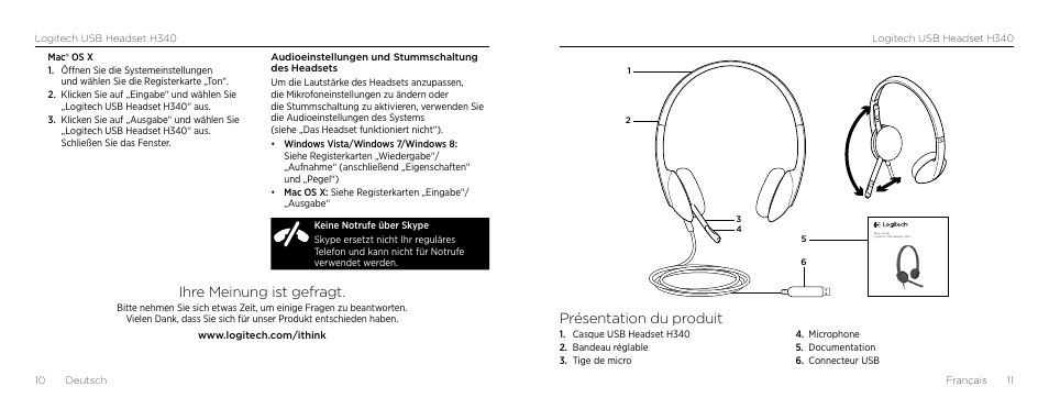 Ihre meinung ist gefragt, Présentation du produit | Logitech H340 User Manual | Page 6 / 59