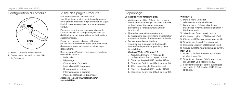 Dépannage, Configuration du produit, Visite des pages produits | Logitech H340 User Manual | Page 7 / 59