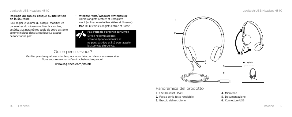 Qu'en pensez-vous, Panoramica del prodotto | Logitech H340 User Manual | Page 8 / 59