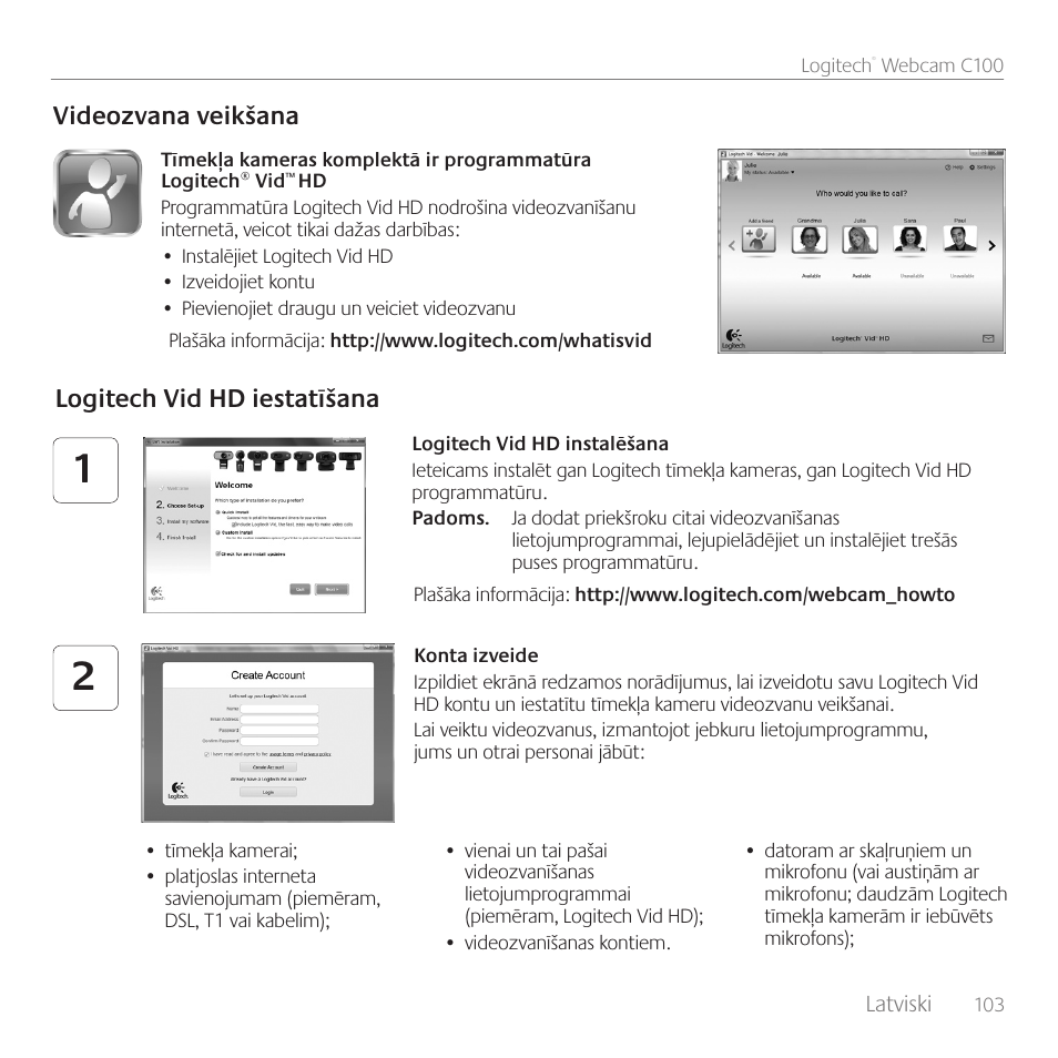 Videozvana veikšana, Logitech vid hd iestatīšana | Logitech C100 User Manual | Page 103 / 132
