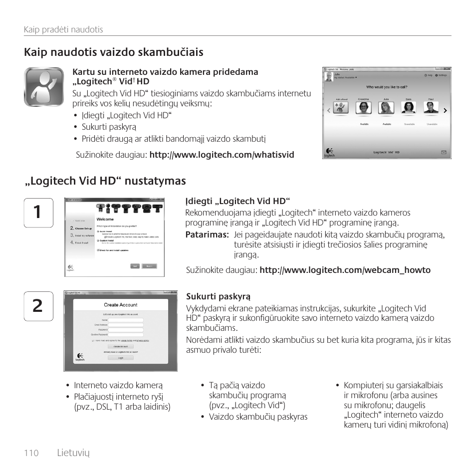 Kaip naudotis vaizdo skambučiais, Logitech vid hd“ nustatymas | Logitech C100 User Manual | Page 110 / 132