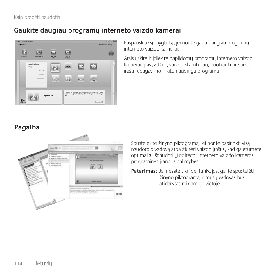 Gaukite daugiau programų interneto vaizdo kamerai, Pagalba | Logitech C100 User Manual | Page 114 / 132