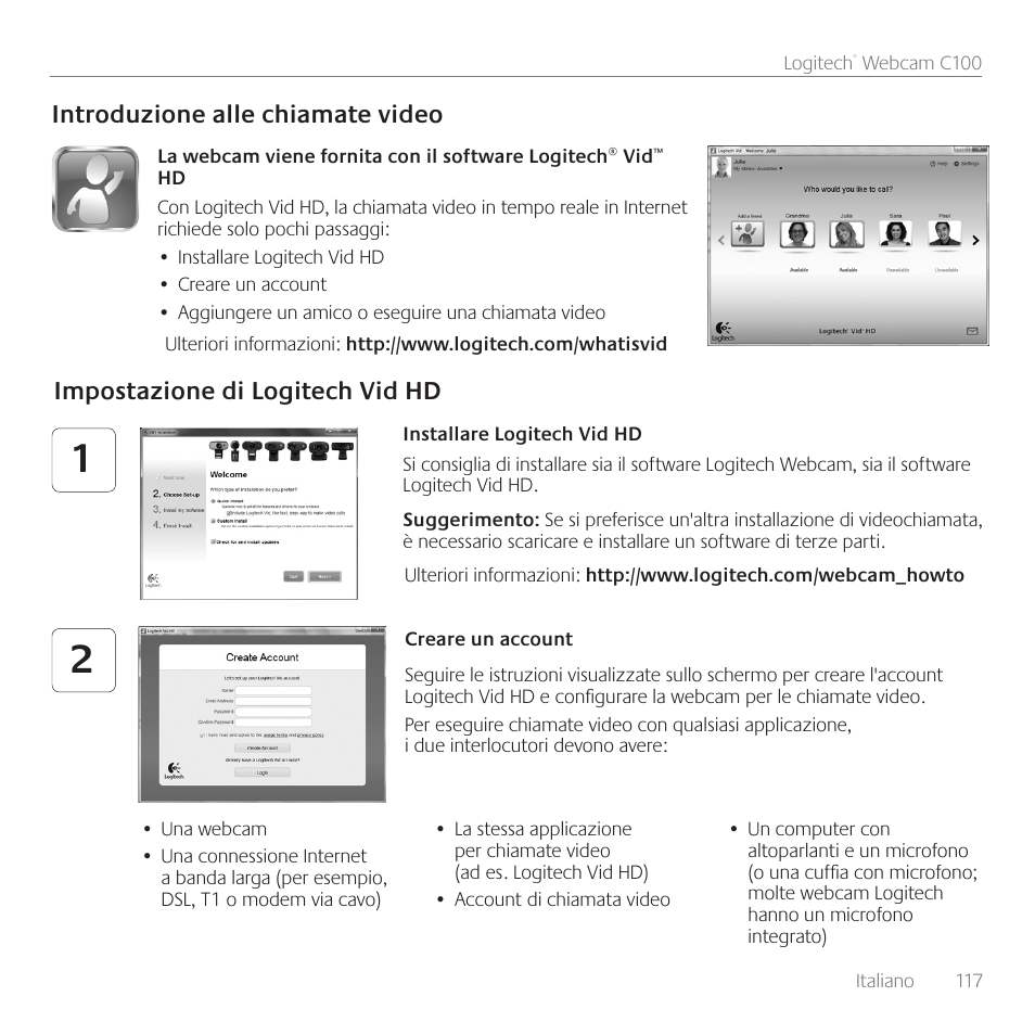 Introduzione alle chiamate video, Impostazione di logitech vid hd | Logitech C100 User Manual | Page 117 / 132